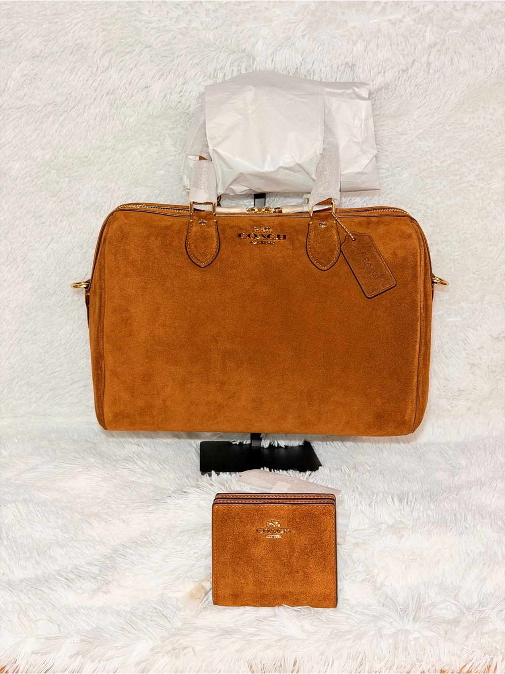 Coach Rowan Large Satchel Bag in Gold/warm Brown Suede + Matching wallet NWT